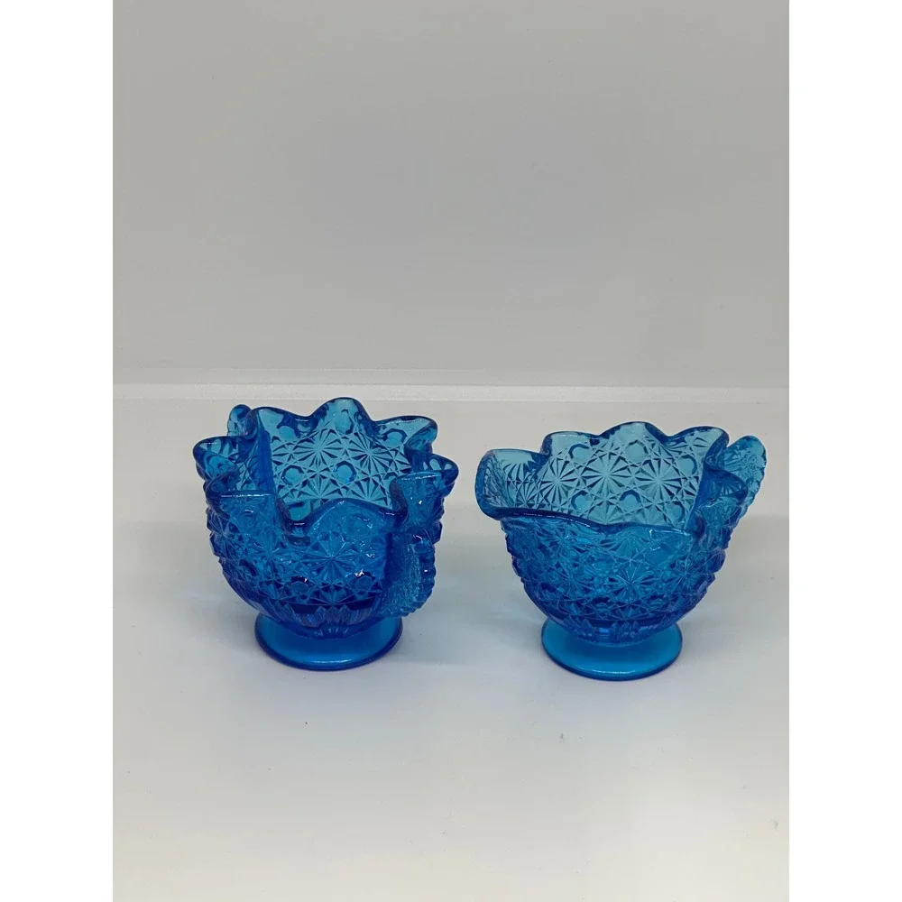 VTG Fenton Blue Glass Creamer Sugar Bowl Set Daisy Button Pattern Scalloped Edge
